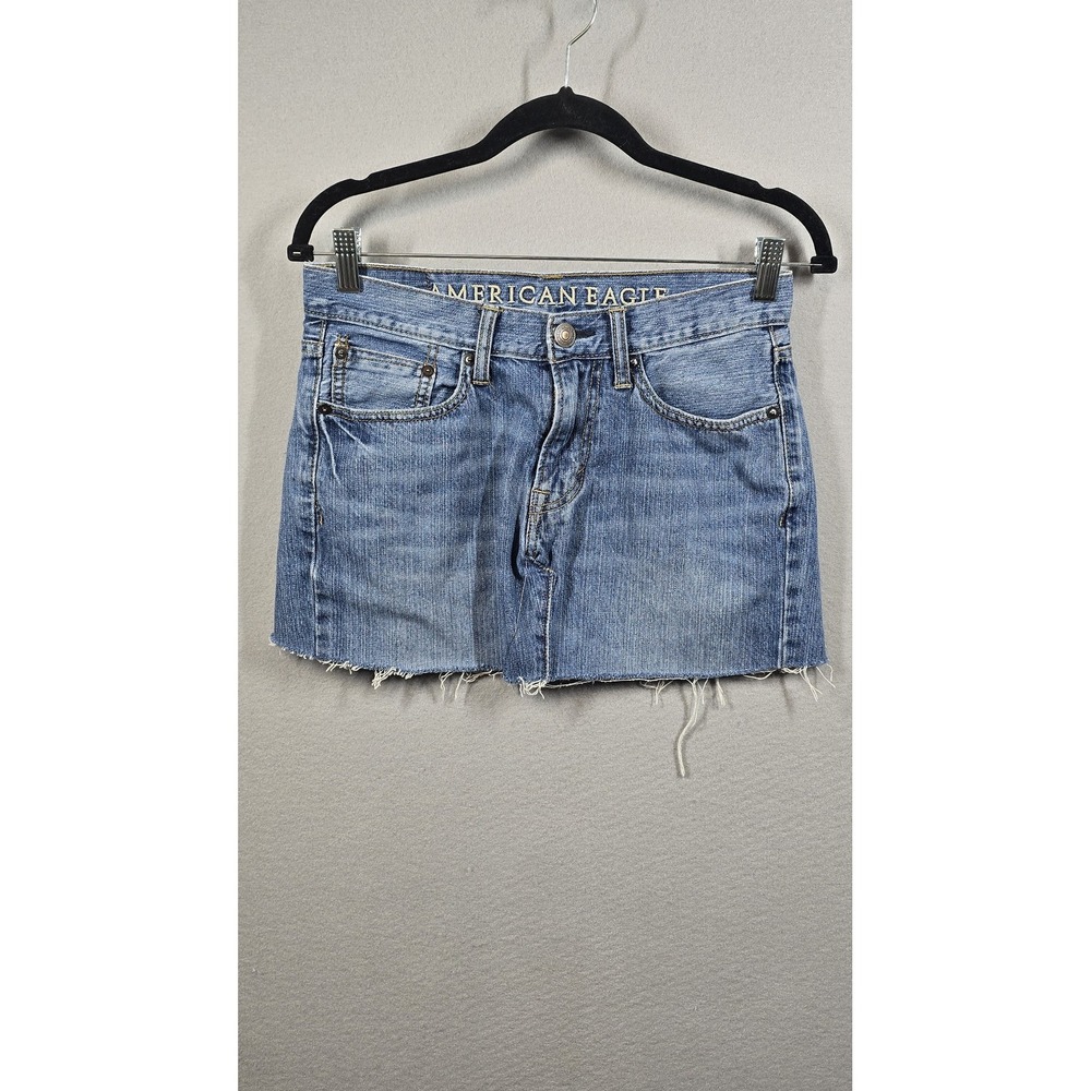 American Eagle Skirt Womens 28 Blue Denim Original Straight Raw Hem Distressed